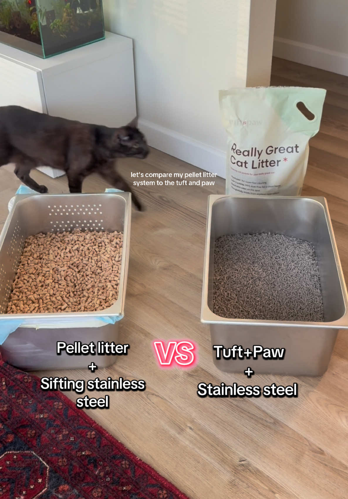 TikTok post by @sleeplngkitty for Tuftandpaw. Caption reads: Perfect paired with a stainless steel litter box!....