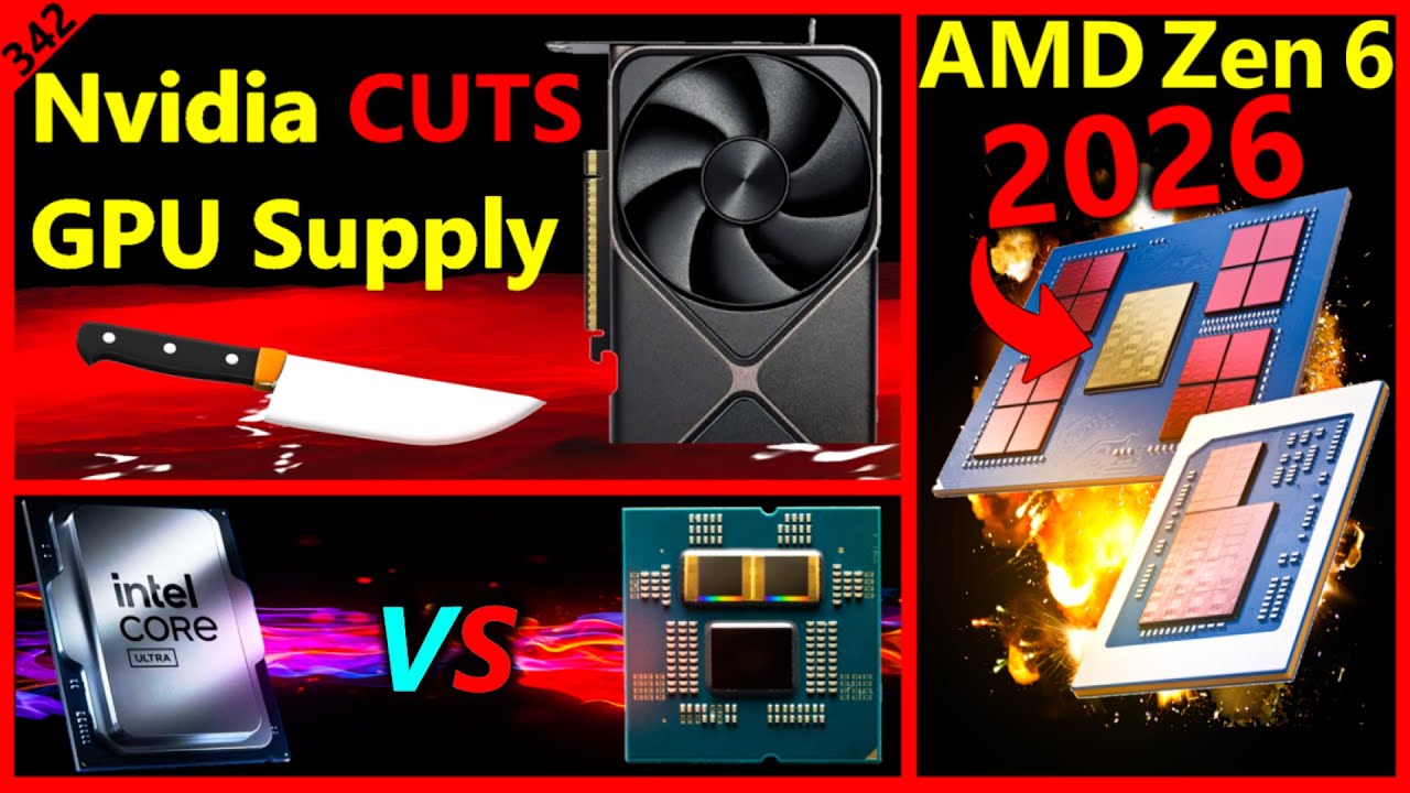 YouTube post by @MooresLawIsDead for JLCPCB. Caption reads: Nvidia RTX 50 Supply Cuts, Ryzen 9 9950X3D2 vs....