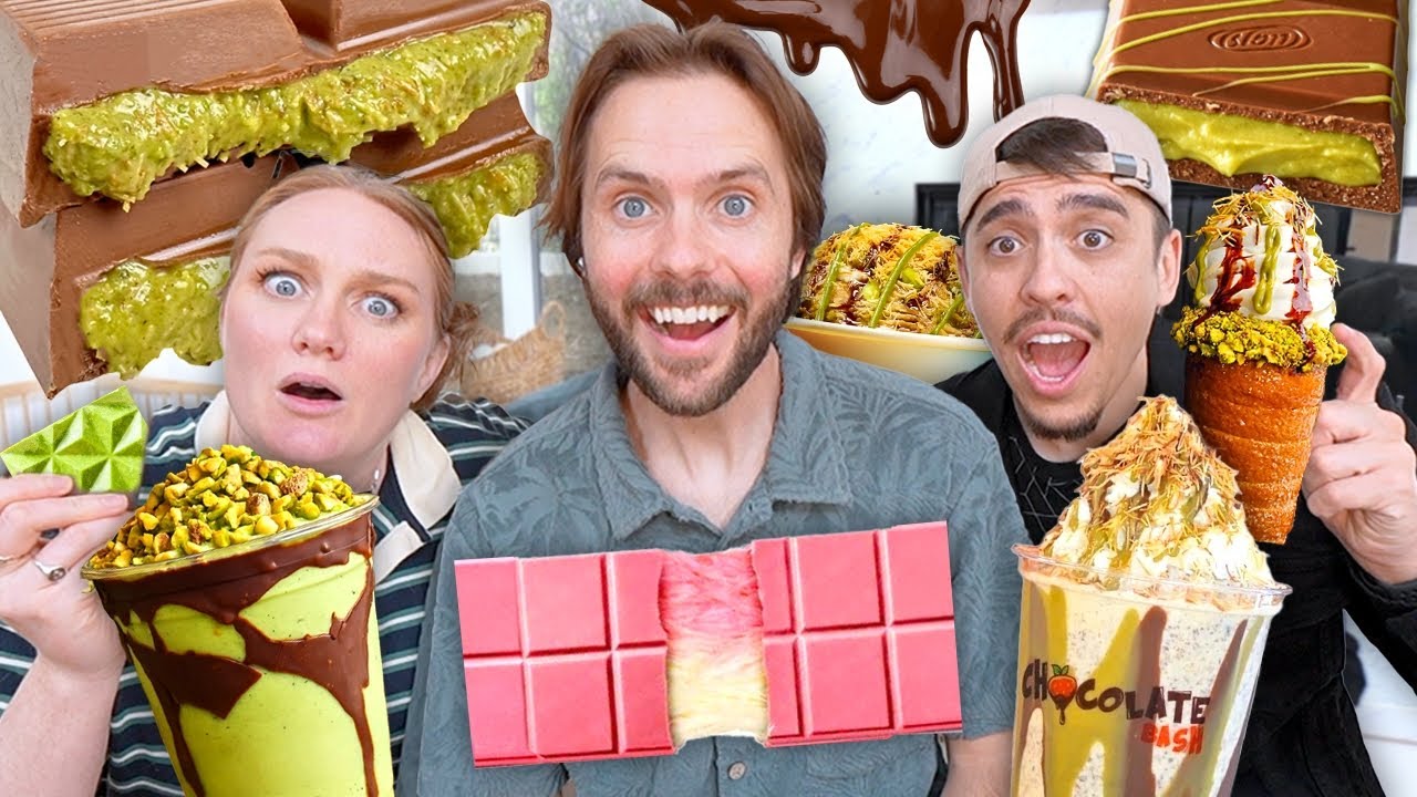 YouTube post by @thesipwithrylandadamsandli5476 for Shady Rays. Caption reads: Tasting VIRAL DUBAI CHOCOLATE Everything!!!.