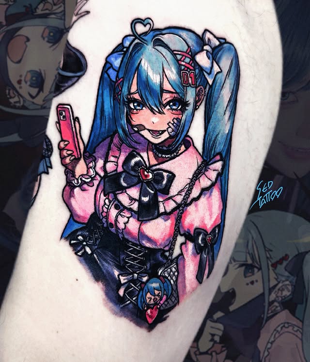 Instagram post by @sedtattoo for EMALLA OFFICIAL. Caption reads: 初音ミク | Hatsune Miku 7월 한국 예약 가능 Sponsored by....