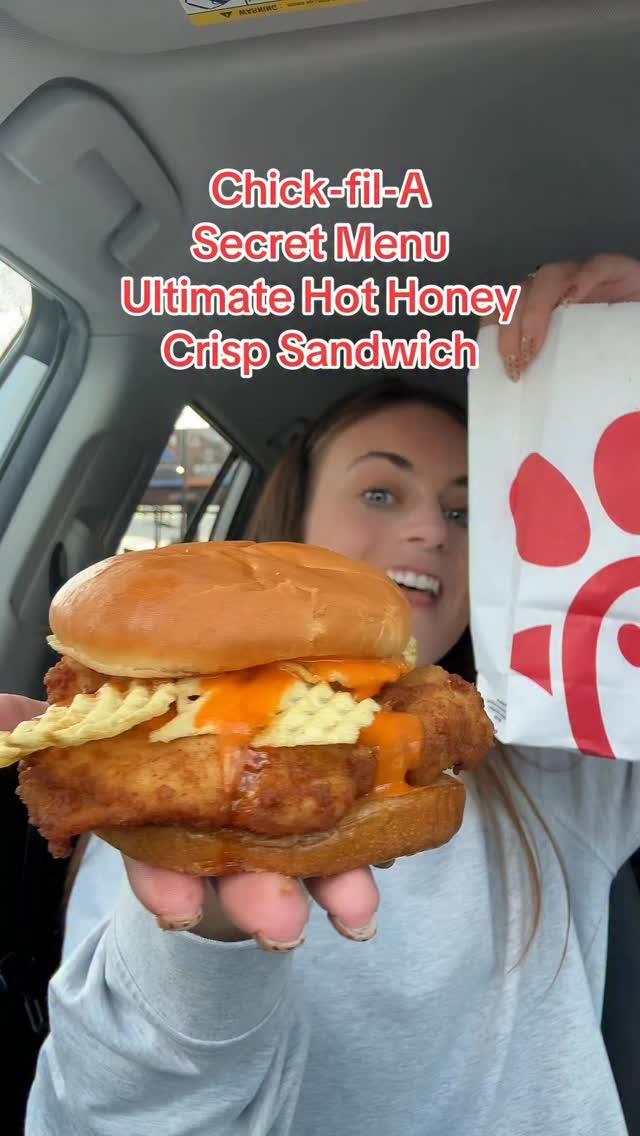 Instagram post by @sarahmargareteats for Chick-fil-A. Caption reads: Chick-fil-A Secret Menu Ultimate Hot Honey Crisp....