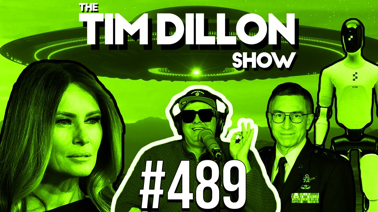 YouTube post by @TimDillonShow for ShipStation. Caption reads: Melania’s Humanoid, Missing Scientists, & A....