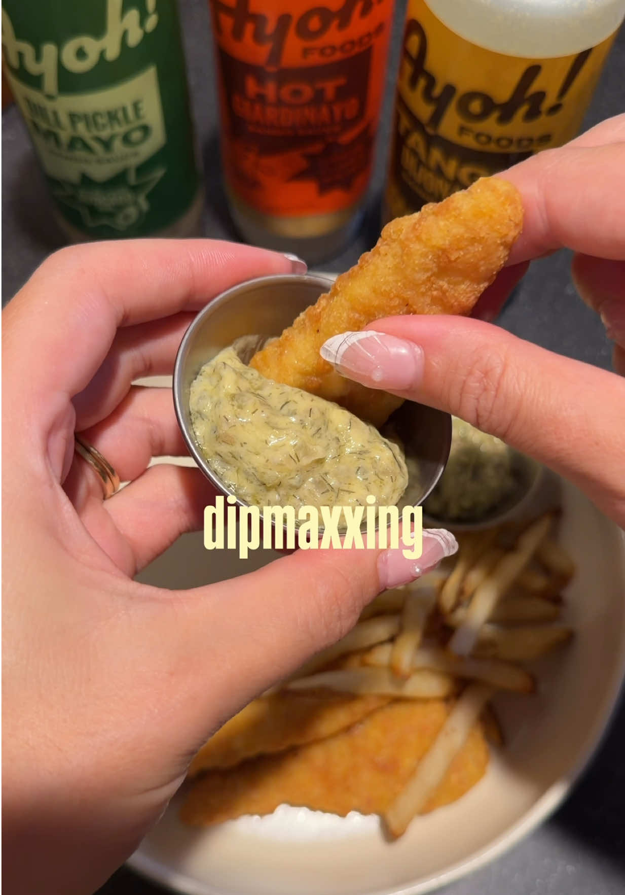 TikTok post by @meatupfordinner for Ayoh!. Caption reads: [...] sauces…now I have dip expectations!!!....