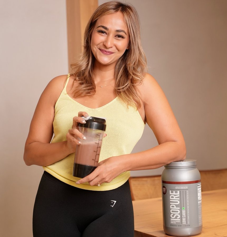 Instagram post by @pilotlaxmi for Isopure. Caption reads: Sipping on my favorite Isopure Low Carb shake…....