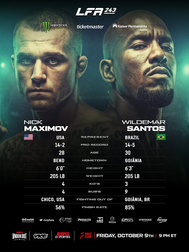 Instagram post by @edsoarespro for Legacy Fighting Alliance. Caption reads: #LFA243 Tale of the Tape 🐉 The promotion returns....
