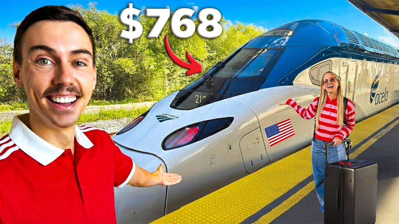 YouTube post by @2Passports1Dream for SafetyWing. Caption reads: We Took USA’s FIRST CLASS Bullet Train (Washington....