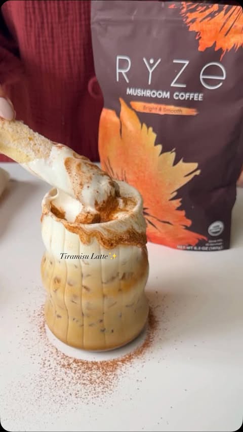 Instagram post by @coffeevibes03 for RYZE SUPERFOODS. Caption reads: Tiramisu latte... but make it better! #ad Lately,....