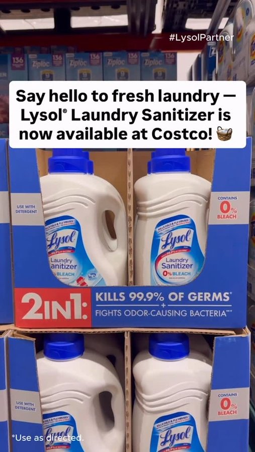 Instagram post by @costcobuys for Lysol. Caption reads: #LysolPartner 🧺 Fresh laundry just hits different....