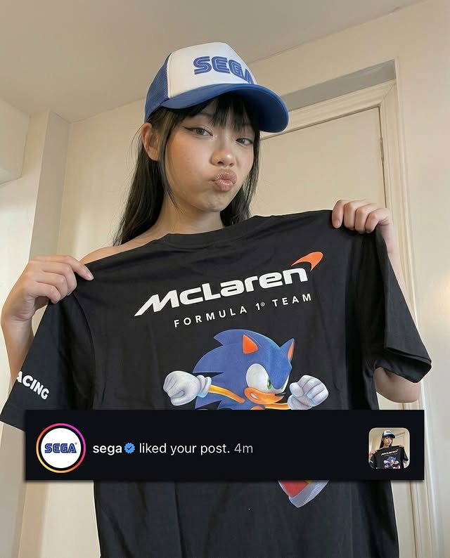 Instagram post by @missloneliest for SEGA. Caption reads: Thank you @sega for the love and the shirt!💙....