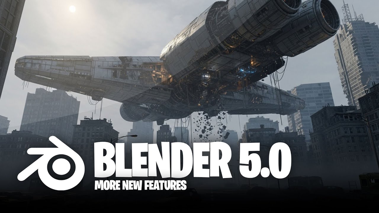 YouTube post by @blendereverything for Udemy. Caption reads: New crazy blender 5.0 features & updates.