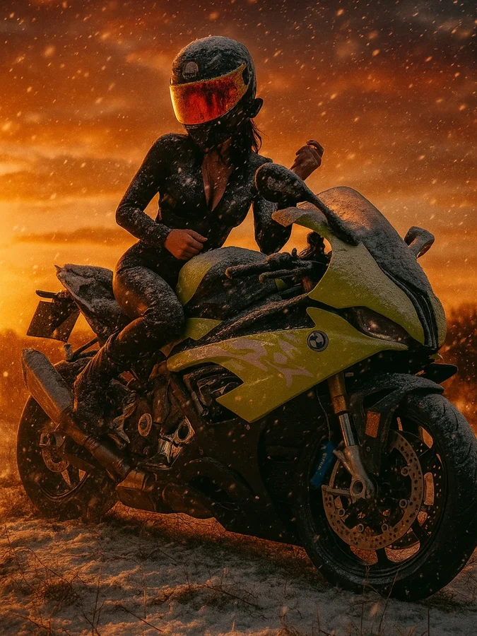 Instagram post by @_kawa.katy for MotoLoot. Caption reads: I asked chat GPT to put me in a light snowstorm....