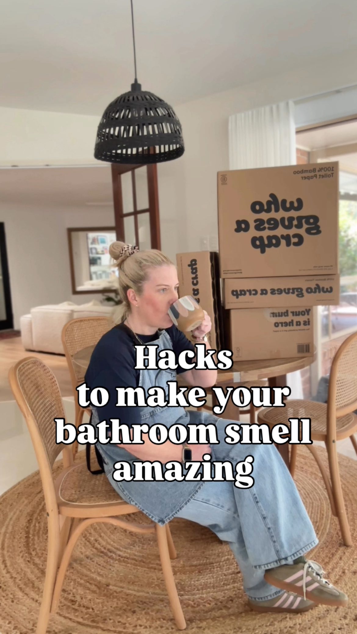 Instagram post by @home.with.leanne for Who Gives A Crap. Caption reads: Say 👋🏻to toilet paper that lasts longer, feels....