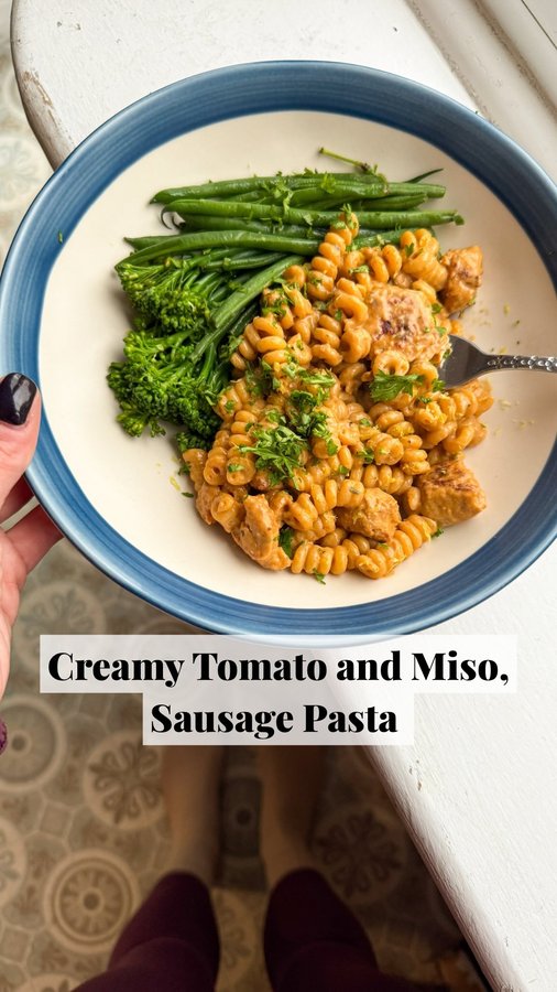 Instagram post by @lilandlife for Waitrose. Caption reads: Creamy Tomato and Miso, Sausage Pasta ✨👌🏻 serves....