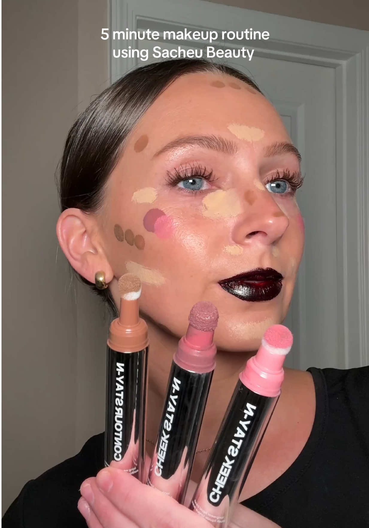 TikTok post by @emxclark for Sacheu. Caption reads: [...] long wearing makeup routine using @SACHEU....