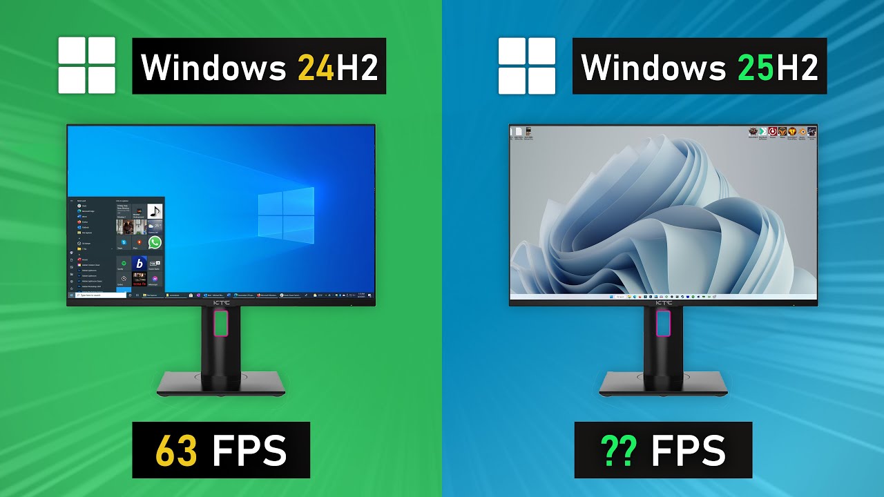 YouTube post by @AncientGameplays for Gvgmall. Caption reads: Windows 11 24H2 vs 25H2 - AMD & NVIDIA GPU....