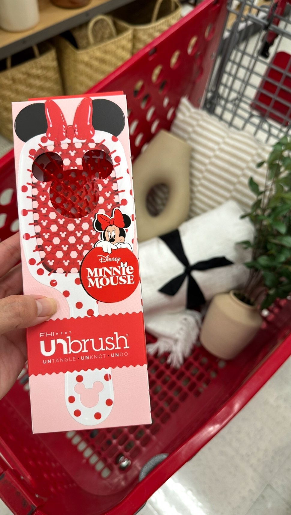 Instagram post by @lovetotarget for FHI Heat. Caption reads: Detangling just got cuter 🎀 Disney’s Minnie Mouse....