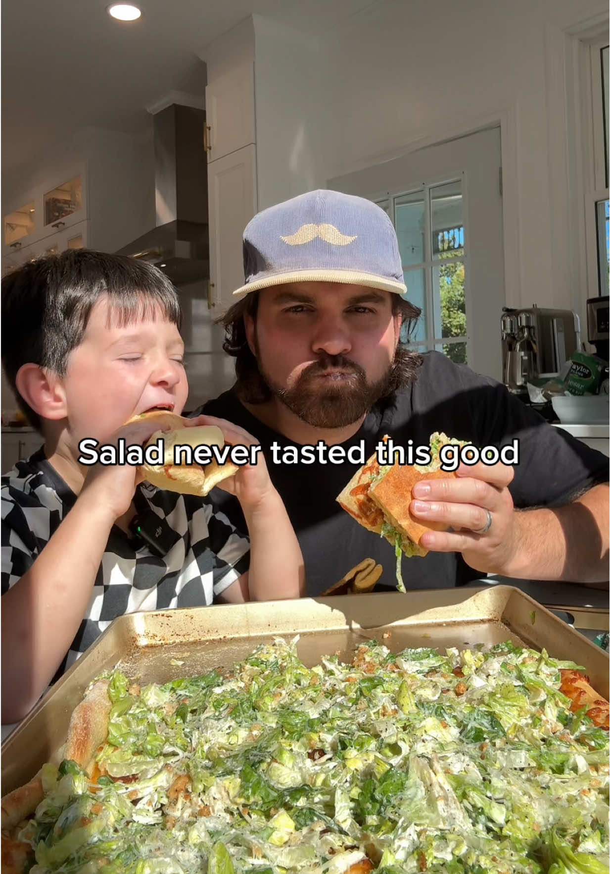 TikTok post by @dadsfoodtoday for Taylor Farms. Caption reads: Get Your Salad Together 🥗🍕 This Caesar Salad....