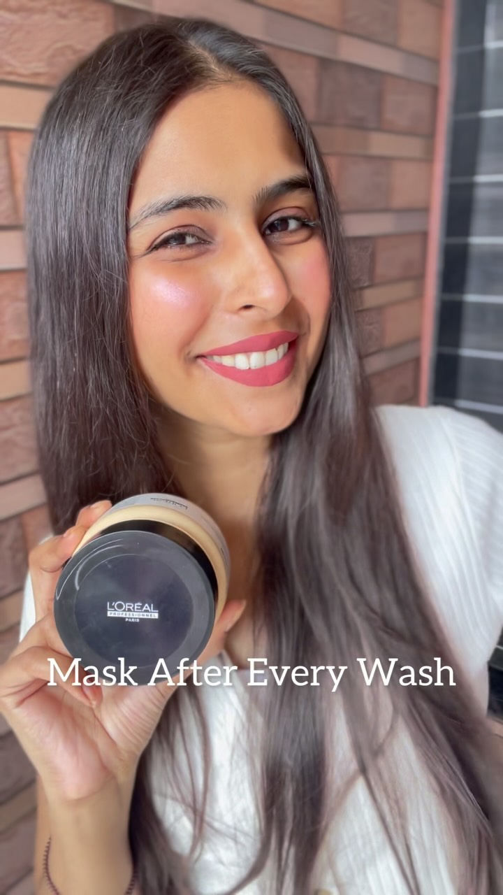 Instagram post by @poojamtwn for L’oréal Professionnel. Caption reads: #AD | Mask. Repair, Repeat 
After every shampoo, I....