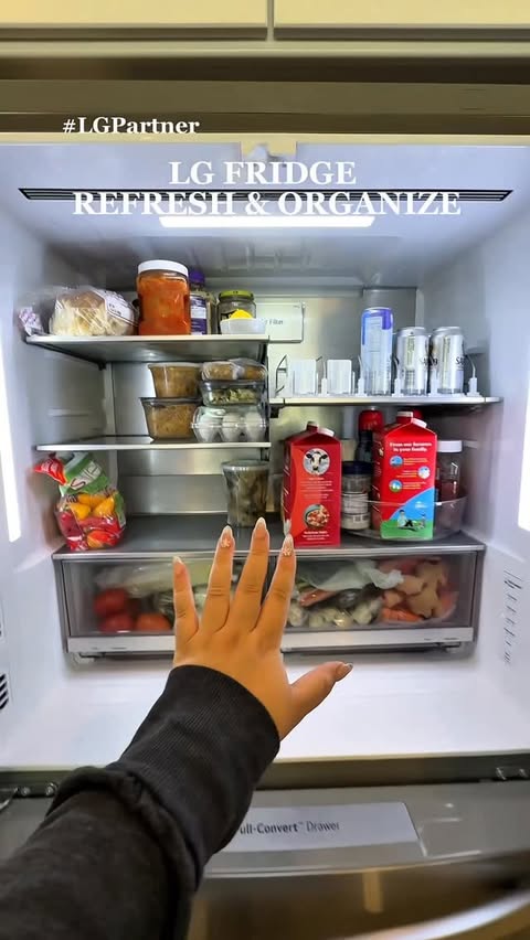 Instagram post by @briannaancheta for LG USA. Caption reads: #LGPartner Come organize my fridge with me using....