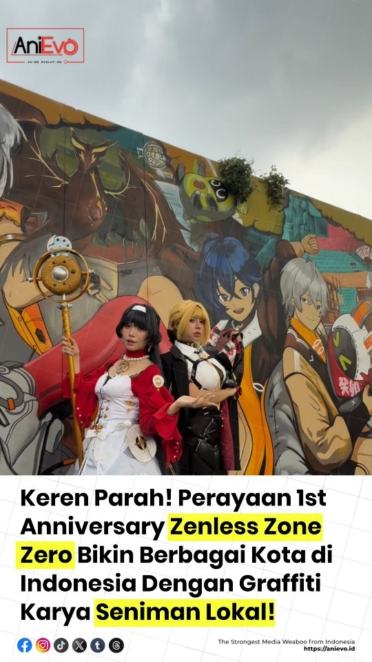 Instagram post by @anievo.id for Zenless Zone Zero. Caption reads: Happy Anniversary buat Zenless Zone Zero yang....