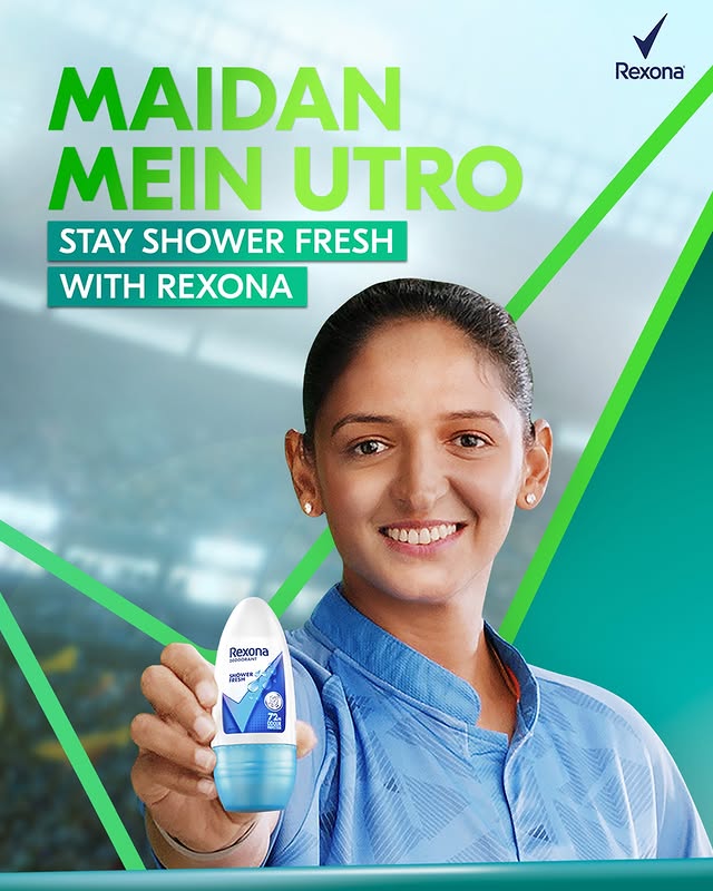 Instagram post by @imharmanpreet_kaur for Rexona. Caption reads: Winning the ICC Women’s Cricket World Cup Trophy....