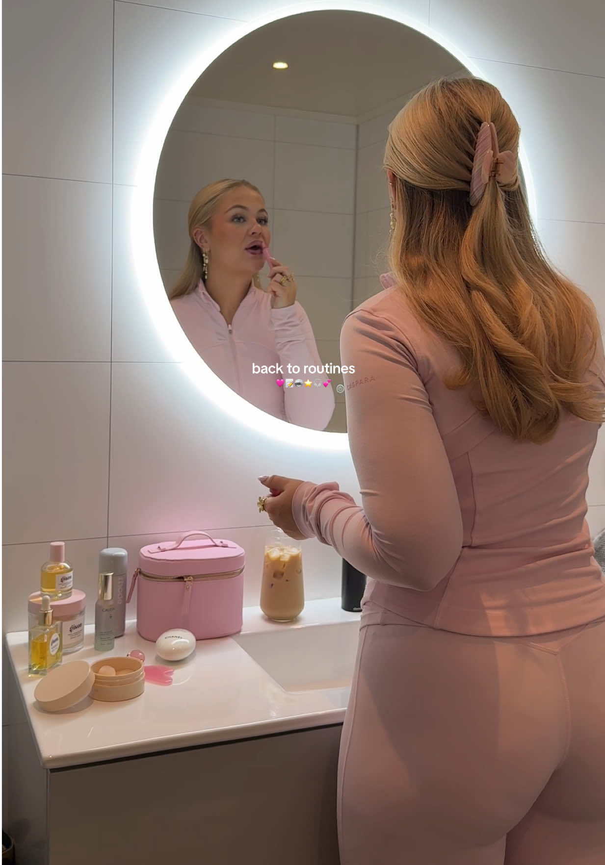 TikTok post by @karolinevollstad for Caspara Sports. Caption reads: Back to routines wearing @CASPARA (gifted) 🩷....