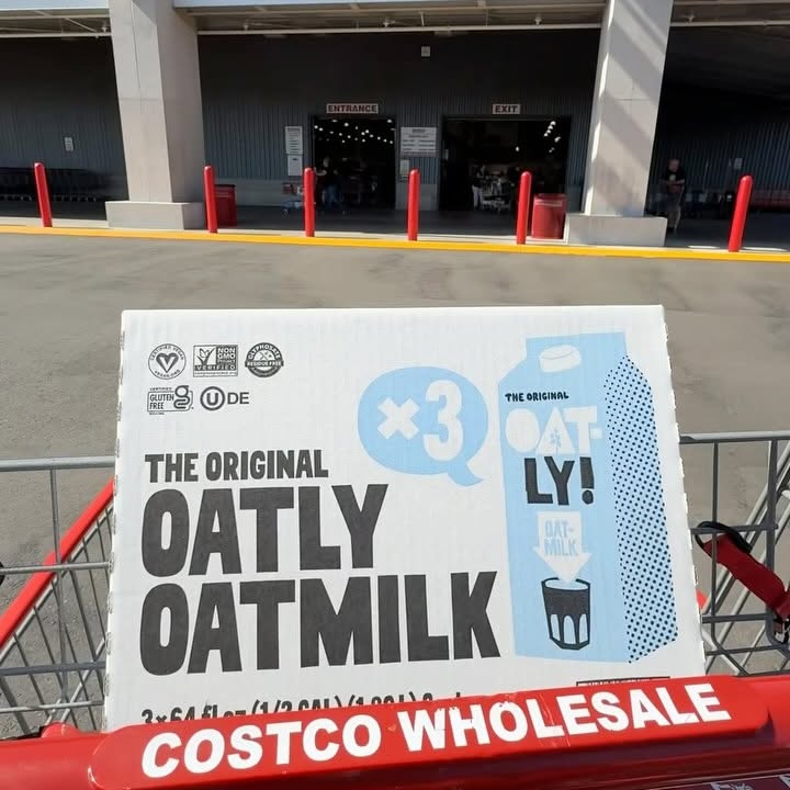 Instagram post by @costconew for Oatly. Caption reads: 🚨 just found this exclusive 3-pack of @oatly....