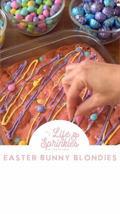 Instagram post by @lifeandsprinkles for SheSpeaks. Caption reads: #ad Easter Bunny Blondies! 🐰 Stocking up for....