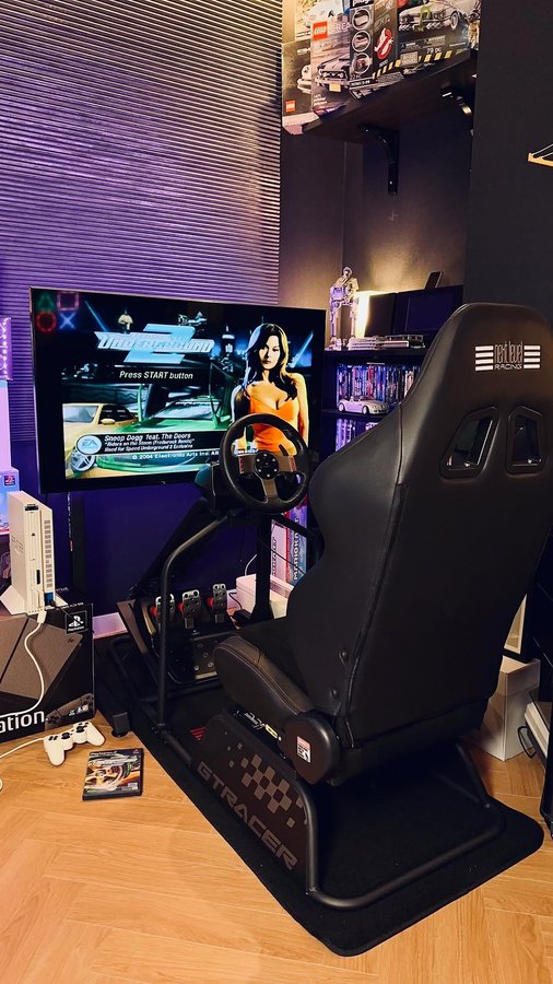Instagram post by @kidult_gamer for Next Level Racing. Caption reads: [...] The GTRacer Simulator Cockpit from....