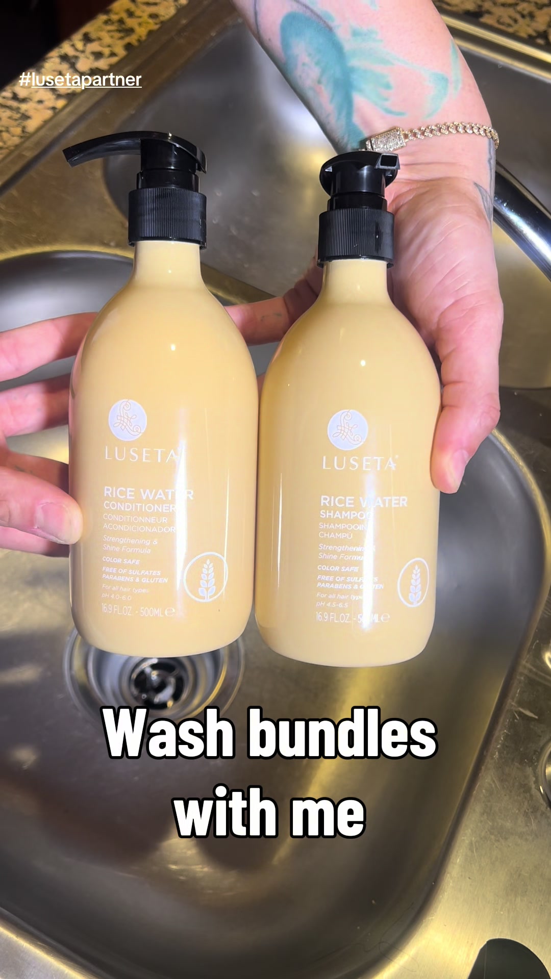 TikTok post by @teenoshade for Luseta Beauty. Caption reads: #lusetabeauty Bundle Care with Rice Water shampoo....