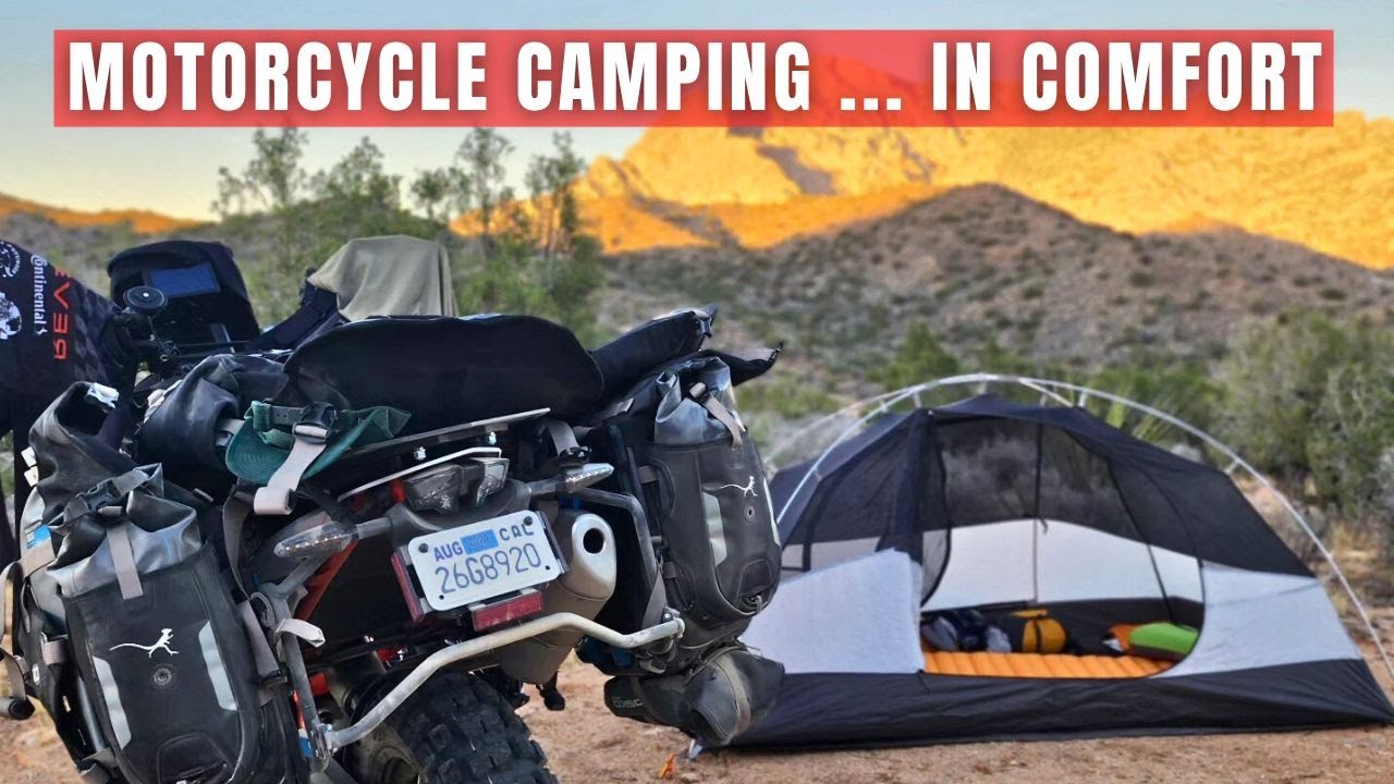 YouTube post by @BigRockMoto for CHIGEE. Caption reads: 5 Products That Transformed My Motorcycle Camping....