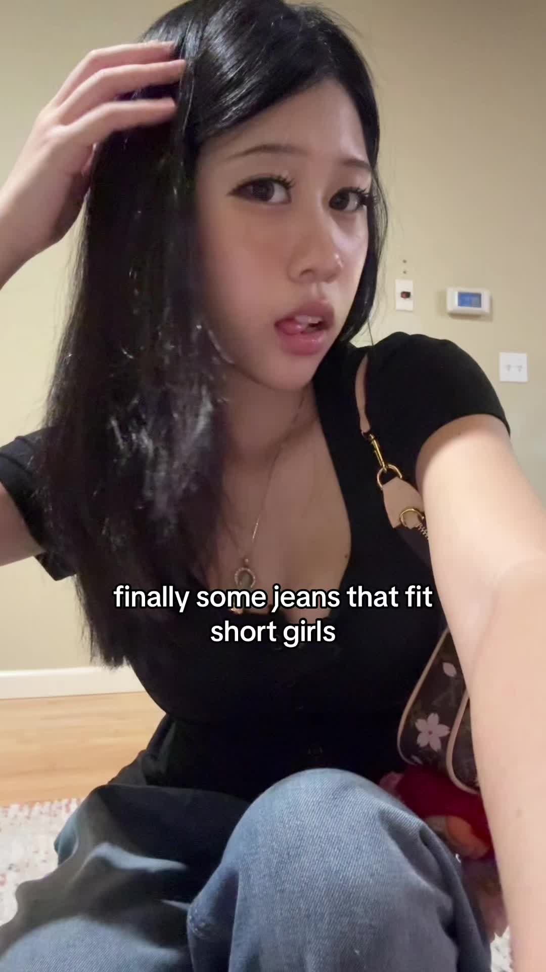 TikTok post by @fortnitefan160 for Emmiol. Caption reads: mind u im 4’11 and baggy jeans never ever fit me....