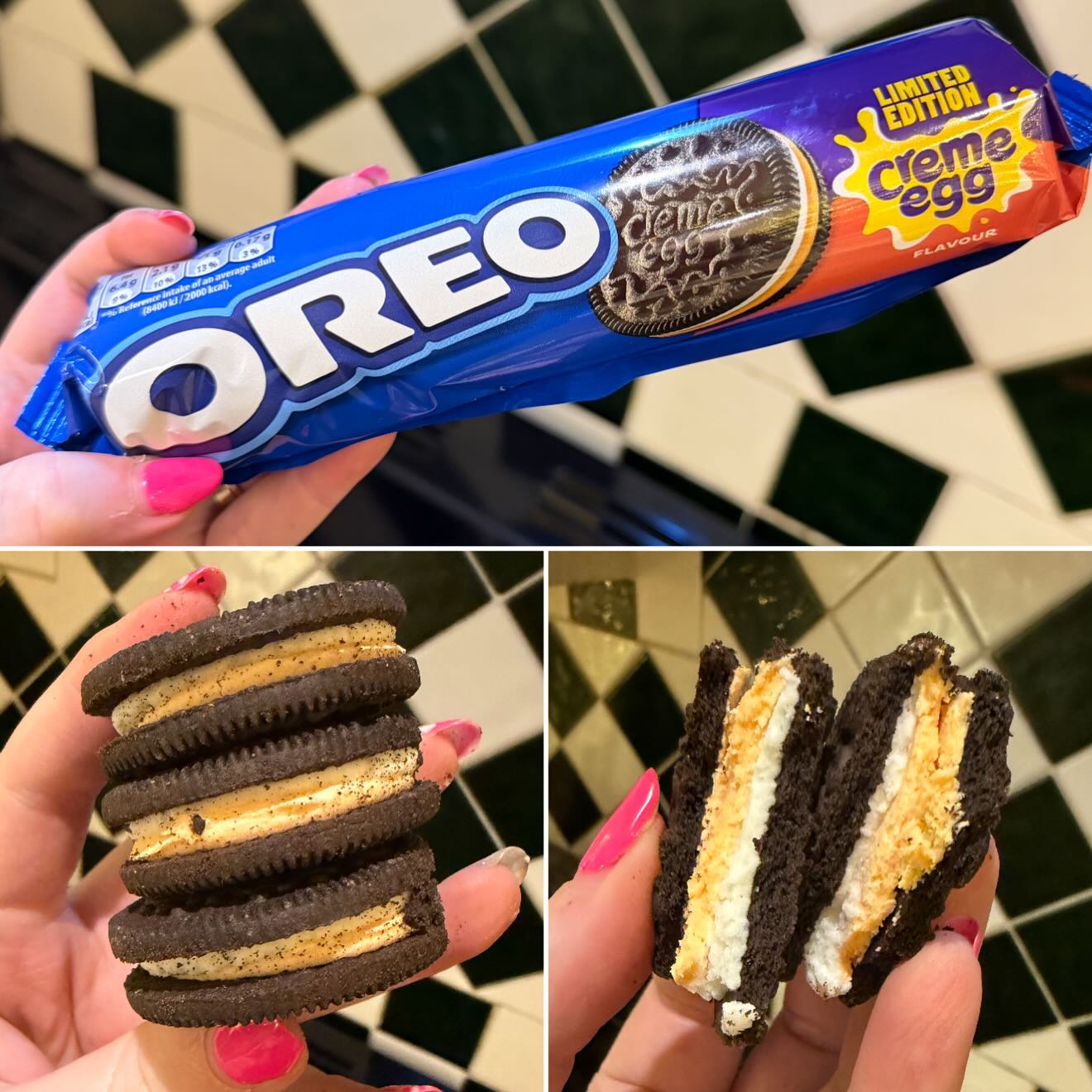 Instagram post by @uknewestfoods for B&M Stores. Caption reads: 🍫🍪 NEW Cadbury X Oreo Crème Egg Oreo’s!!! Out....