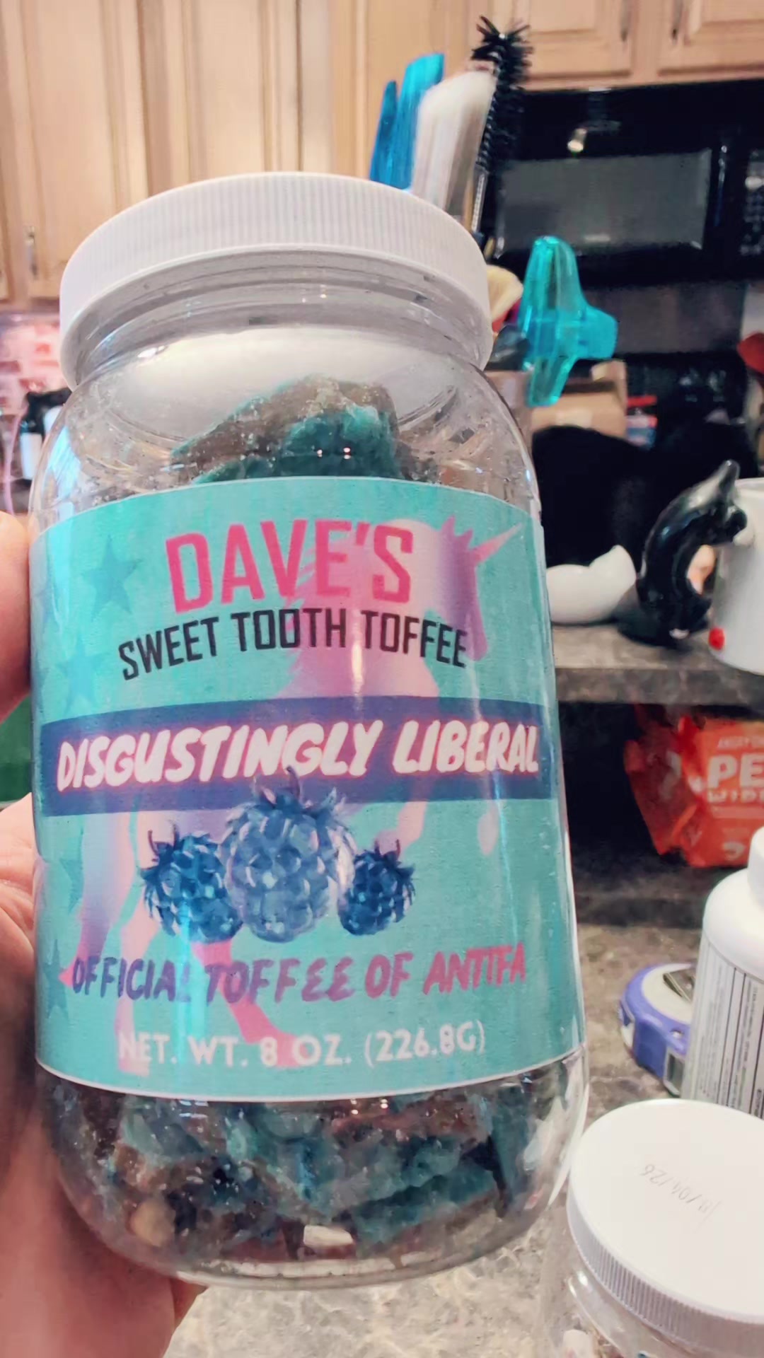 TikTok post by @catmom1975 for Dave's Sweet Tooth. Caption reads: [...] how about a dirty leftist flavor....