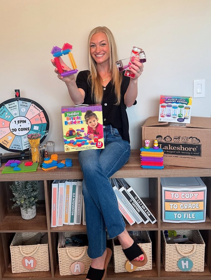 Instagram post by @craftaycorner for Lakeshore Learning. Caption reads: [...] my morning bins with goodies from....