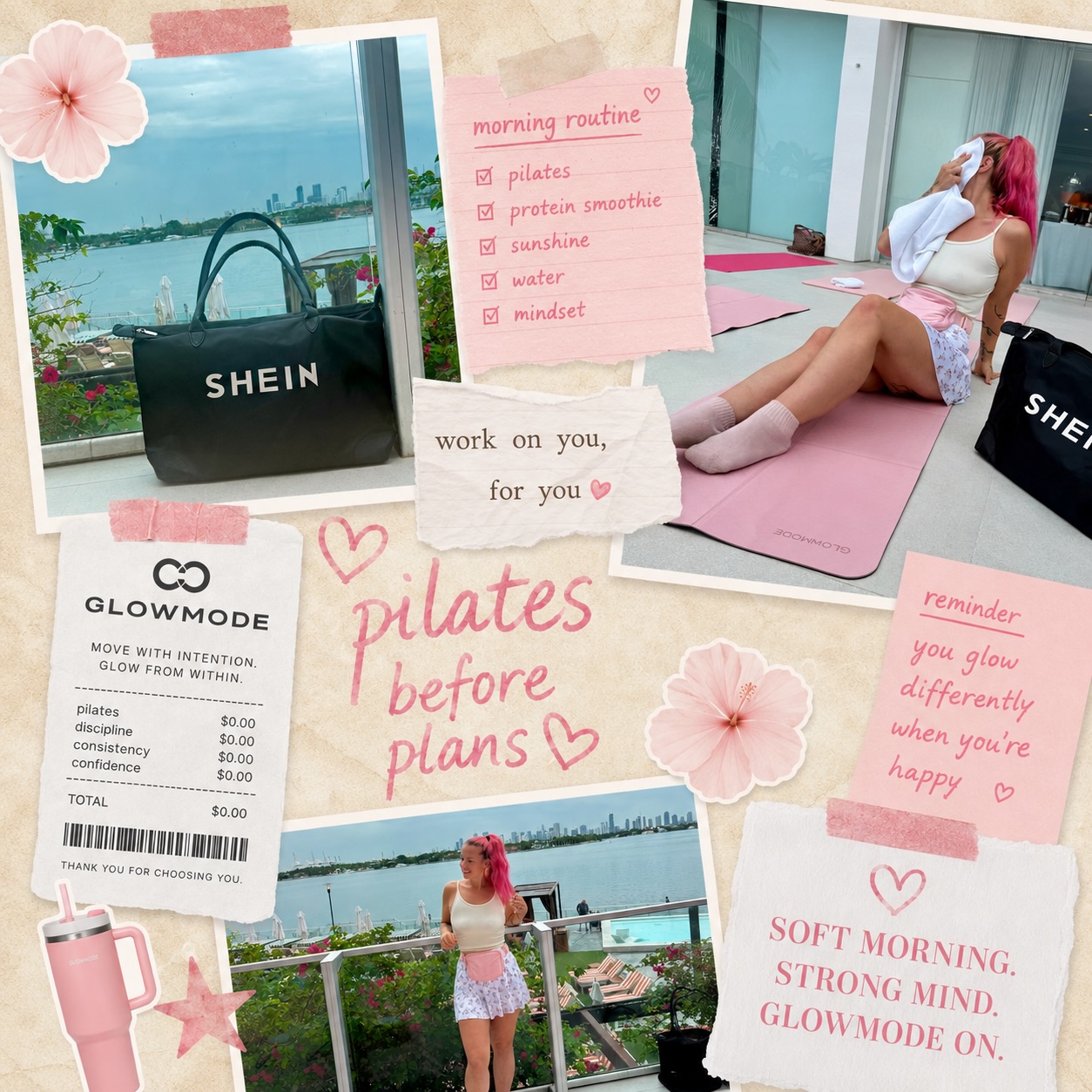 Instagram post by @rosa_notso_nice for SHEIN Campus. Caption reads: [...] Pilates & Yoga @glowmode_official &....