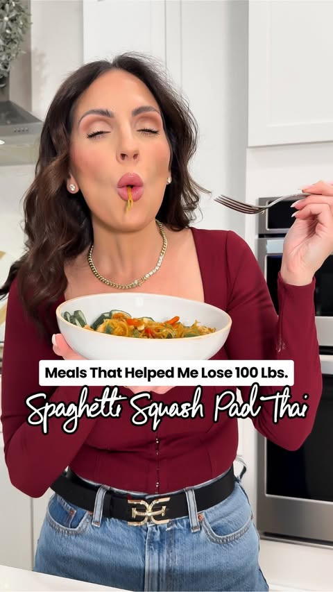 Instagram post by @natashapehrson for Made In Cookware. Caption reads: The full recipe for my Spaghetti Squash Pad Thai....