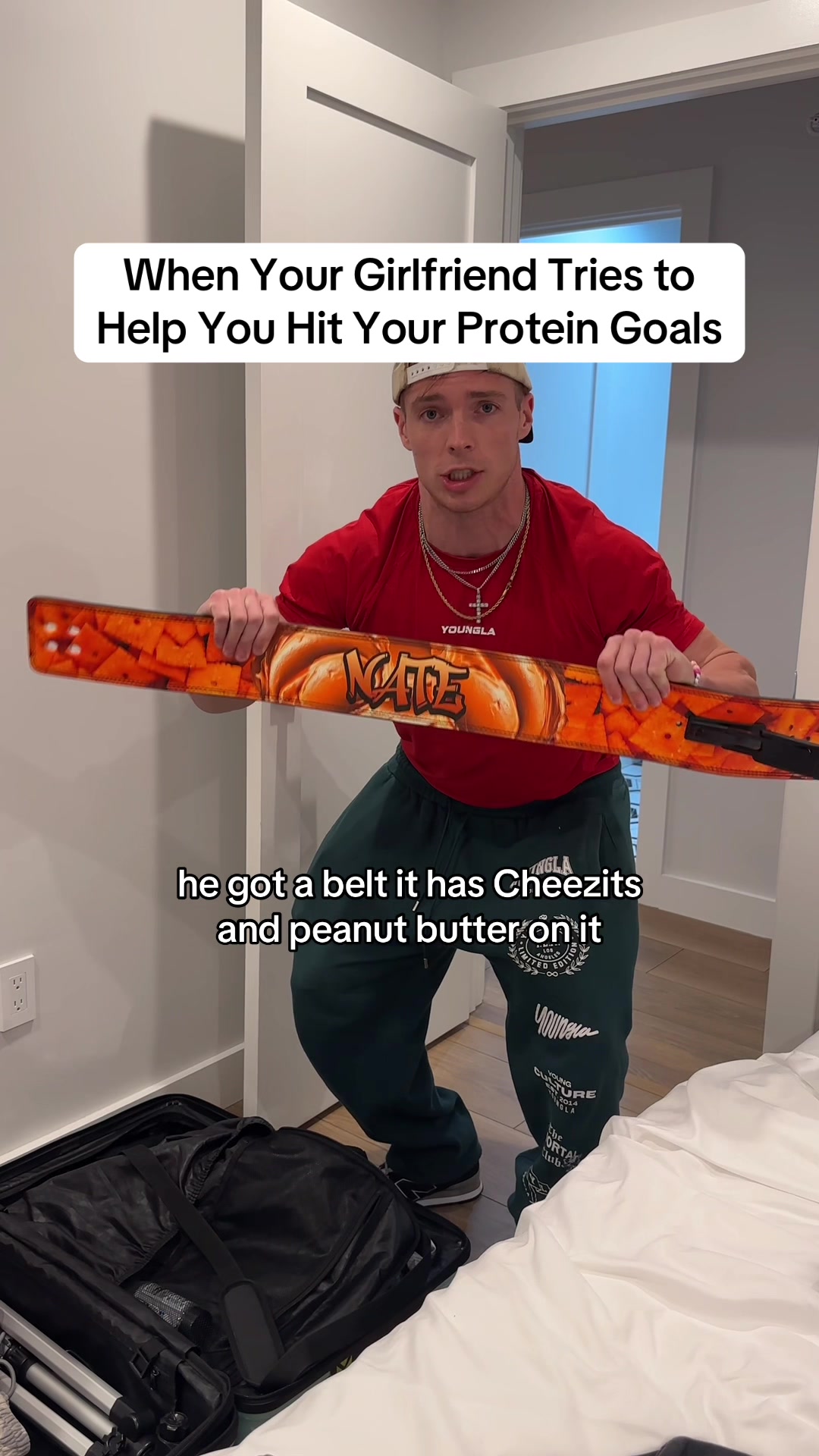 TikTok post by @_itsnate for RYSE Supplements. Caption reads: How to hit your Protein while traveling (courtesy....