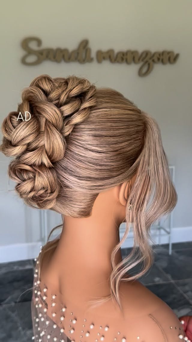 Instagram post by @sandimonzon for SalonCentric. Caption reads: Flower braid updo designed to last all night in....