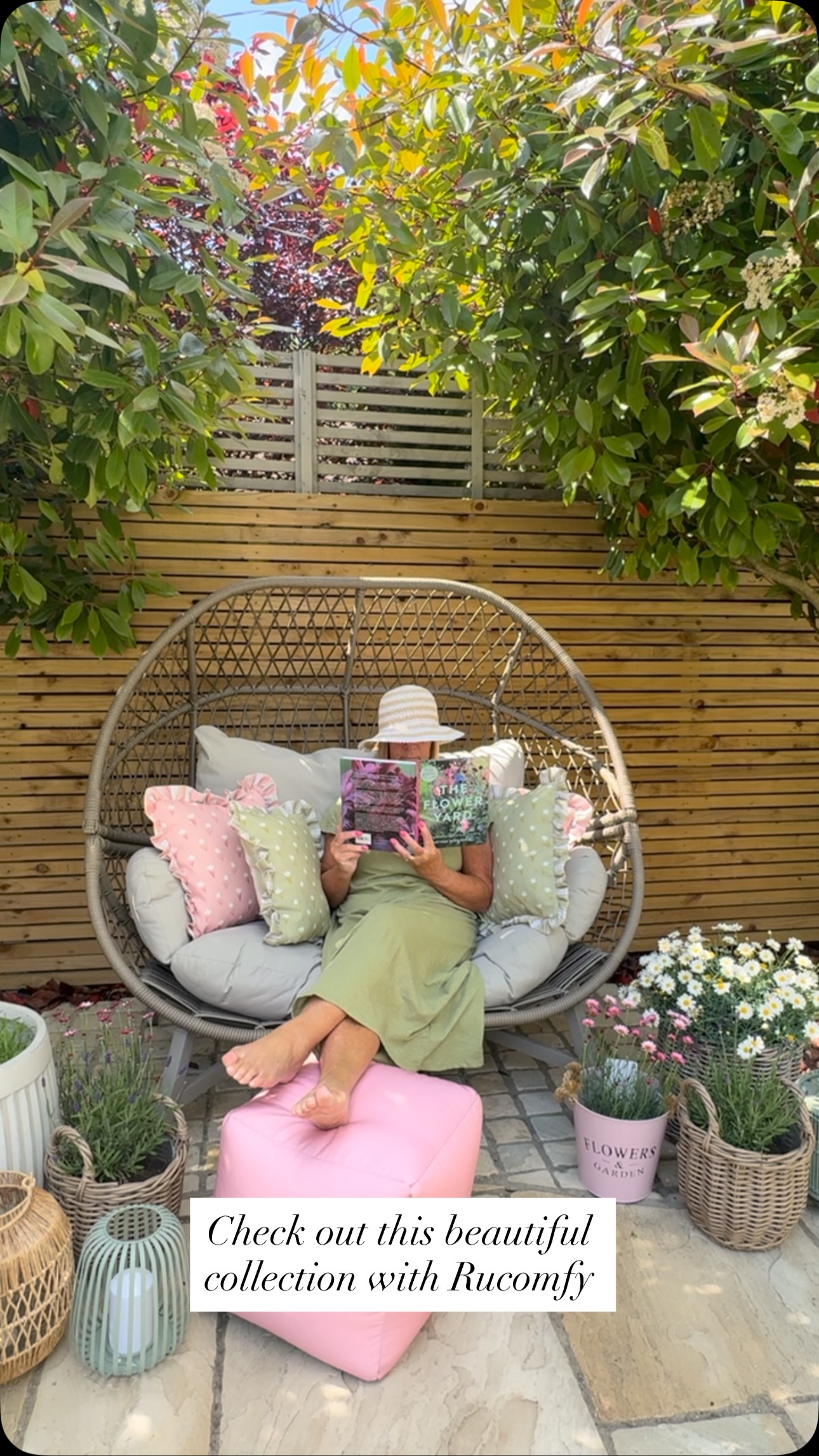 Instagram post by @jusathome for rucomfy beanbags. Caption reads: 🍃 G A R D E N A C C E S S O R I E S Ad~As....