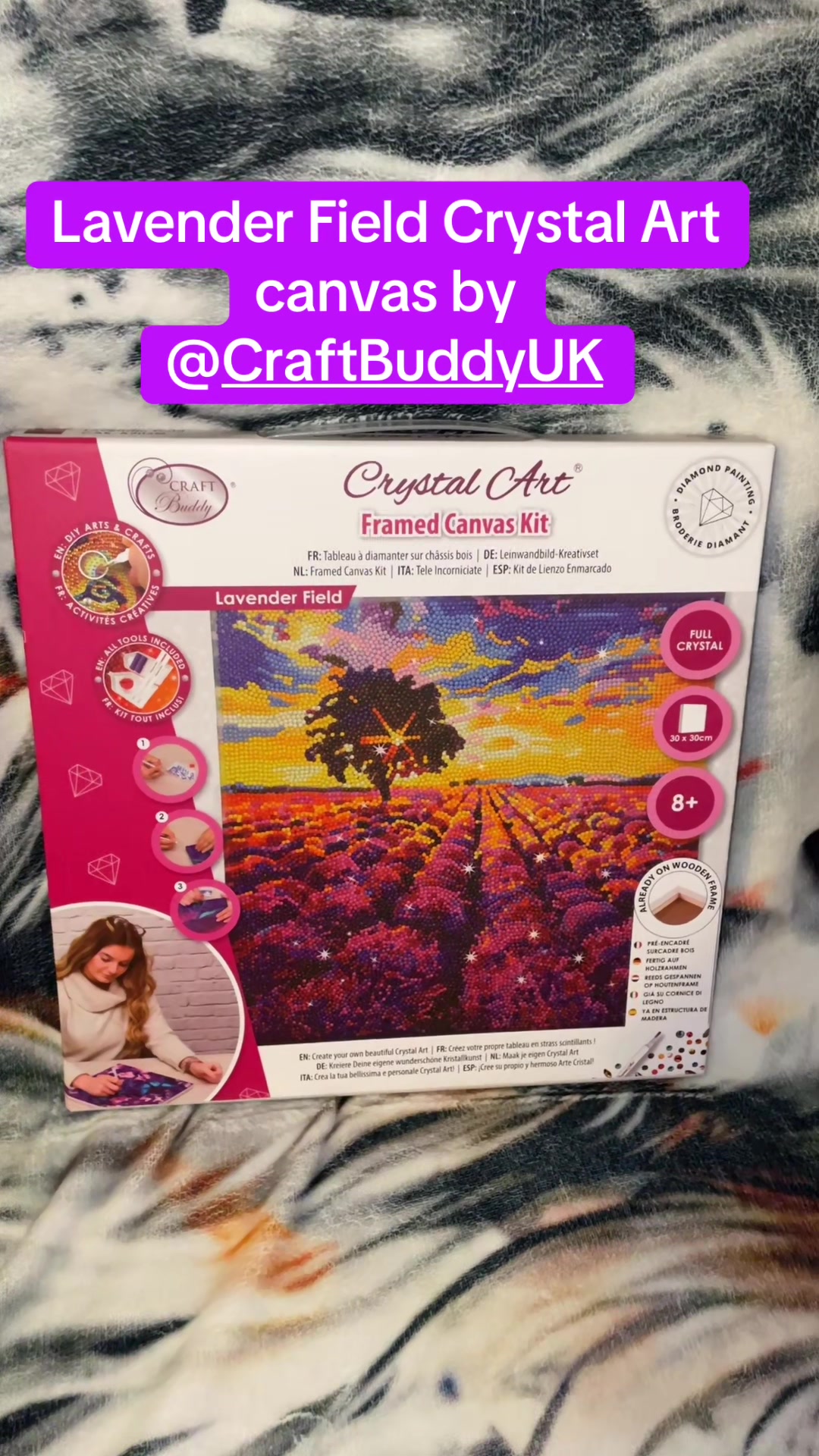 TikTok post by @awesomepawsome2017 for Craft Buddy. Caption reads: Lavender Field Crystal Art canvas by @Craft Buddy....