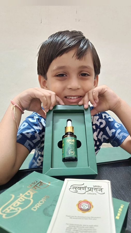 Instagram post by @nandil_s_official for Vasu Healthcare. Caption reads: Started including @vasuhealthcare Swarnaprashan....