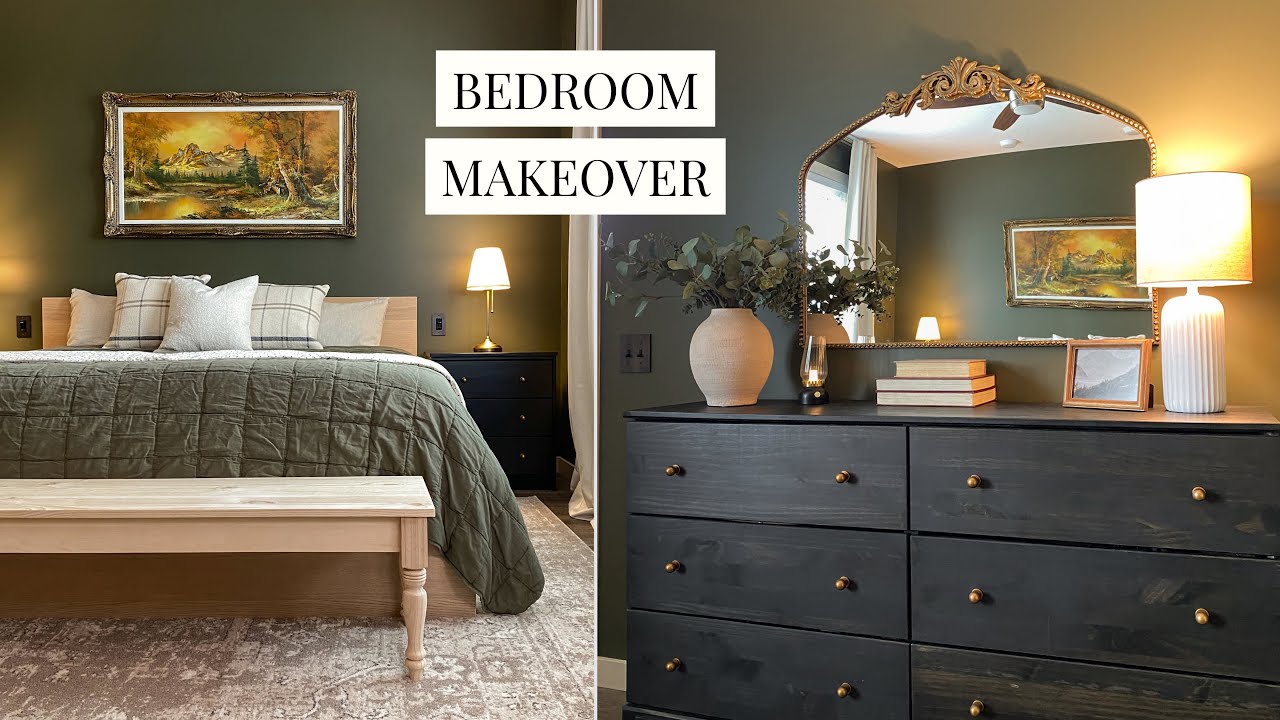 YouTube post by @JenellFlynn for The Bay. Caption reads: Primary Bedroom Makeover (dark & moody).