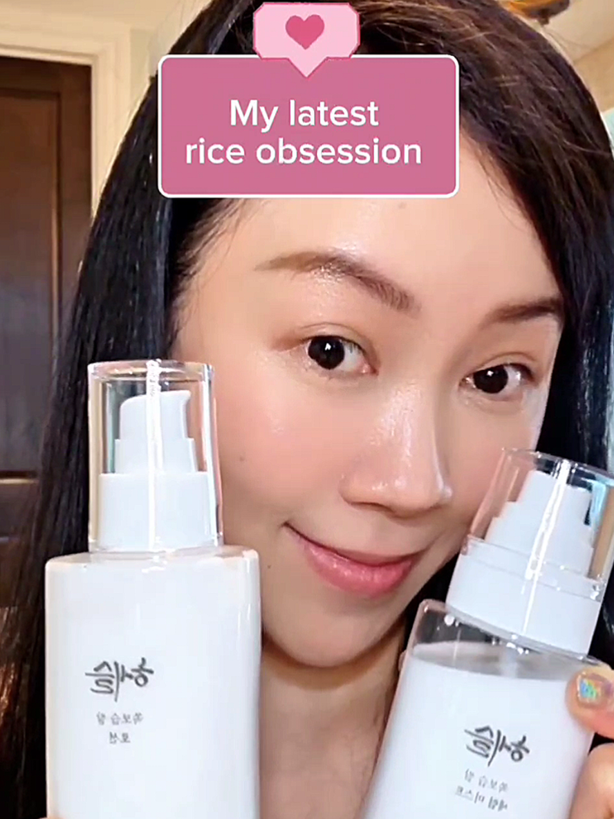 TikTok post by @dgirlcarrot for HEMEKO. Caption reads: [...] all day 💄🍚 #riceskincare #hesul #hemeko....