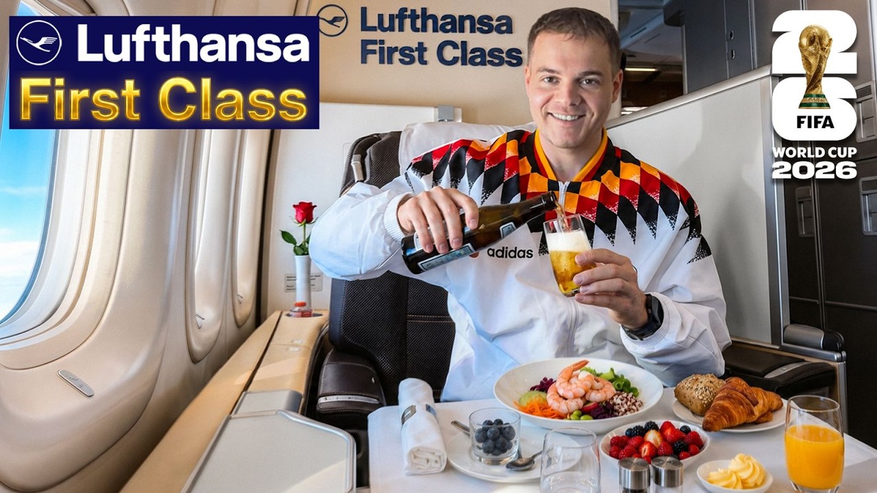 YouTube post by @AlexVFussball for Epidemic Sound. Caption reads: First Class with Lufthansa to the 2026 World Cup.