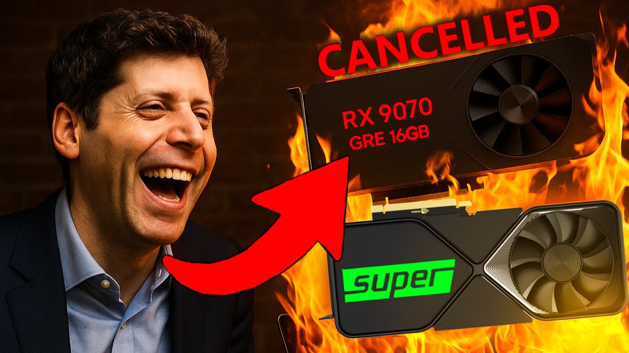 YouTube post by @MooresLawIsDead for IGN. Caption reads: OpenAI RAM Hoarding Leak: RX 9070 GRE Cancelled,....