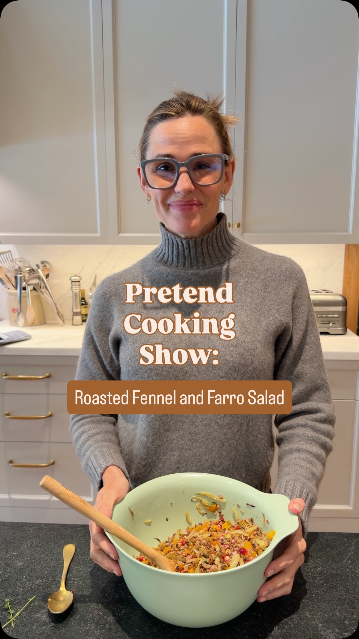 Instagram post by @jennifer.garner for KitchenAid. Caption reads: #PretendCookingShow: Roasted Fennel and Farro....