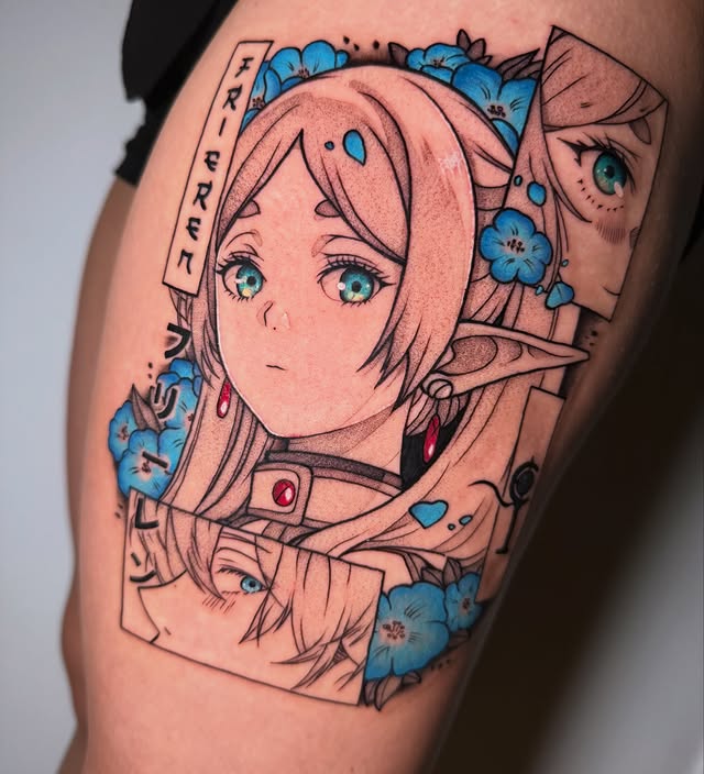 Instagram post by @aleksan_tattoo for Pepax Official. Caption reads: FRIEREN• Por fin pude tatuarla! Gracias Ingrid por....