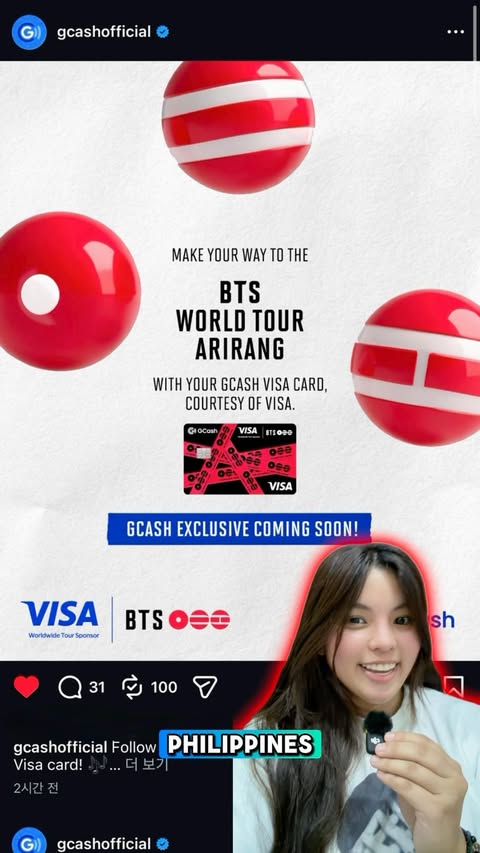 Instagram post by @samjeonn for GCash. Caption reads: [...] A DRILL. 💜 The BTS WORLD TOUR ‘ARIRANG’....