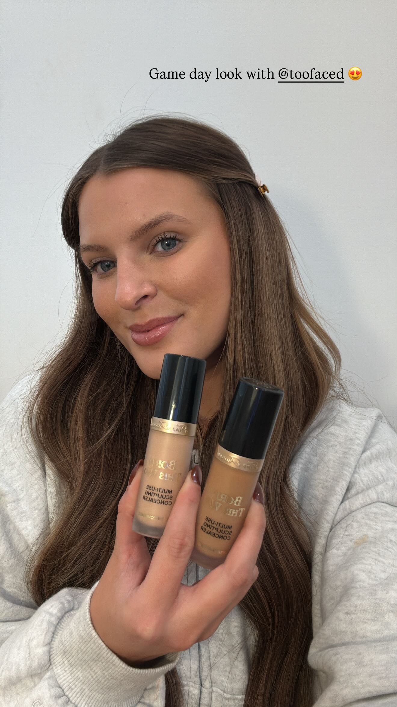 Instagram post by @calipries for Too Faced. Caption reads: The only concealer I trust on game day👏 @toofaced....